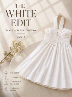 Diane Von Furstenberg White Cotton Halter Dress Size 4 Smocked Waist Fit Flare